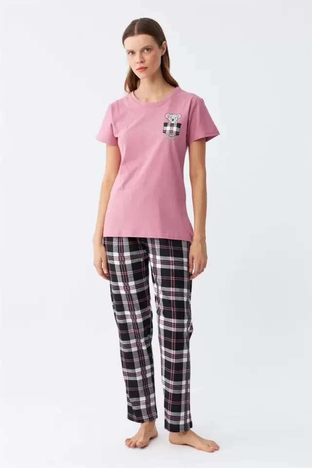 Kadın Somon Ayıcık Baskılı Ekoseli Penye Pijama Takımı