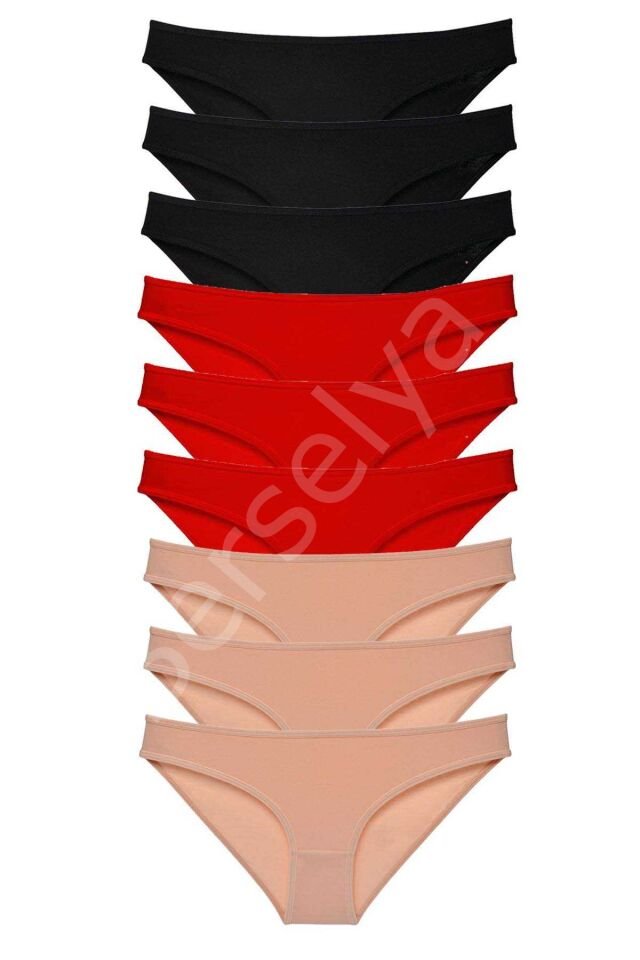 9 adet Süper Eko Set Likralı Kadın Slip Külot Siyah Kırmızı Ten
