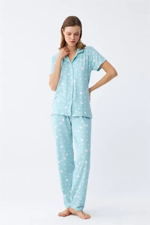 Kadın Buz Mavisi Yıldız Desenli Önden Düğmeli Pijama Takımı