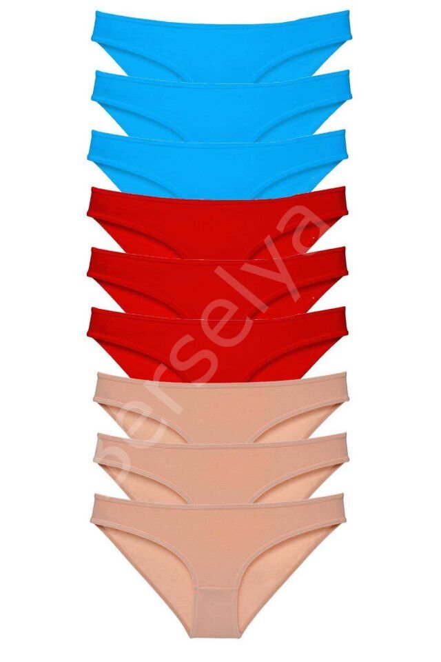 9 Adet Süper Eko Set Likralı Kadın Slip Külot Kırmızı Ten Mavi