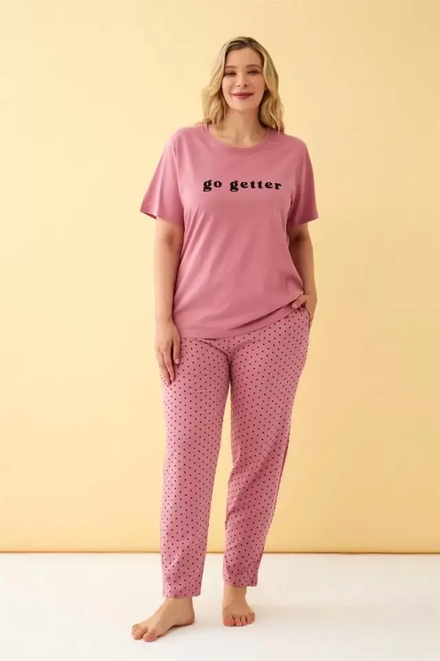 Kadın Somon Go Getter Yazılı Büyük Beden Pijama Takımı