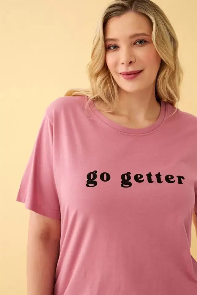Kadın Somon Go Getter Yazılı Büyük Beden Pijama Takımı