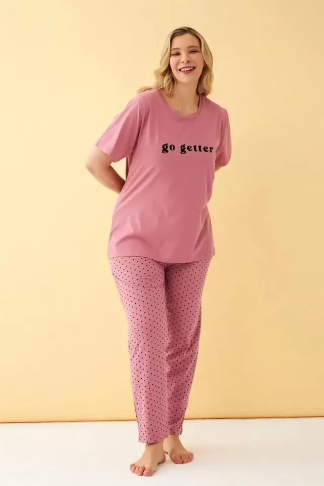 Kadın Somon Go Getter Yazılı Büyük Beden Pijama Takımı