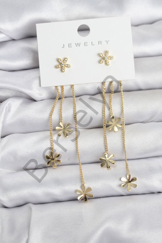 Papatya Model Gold Renk Pirinç Sallantılı Kadın Küpe