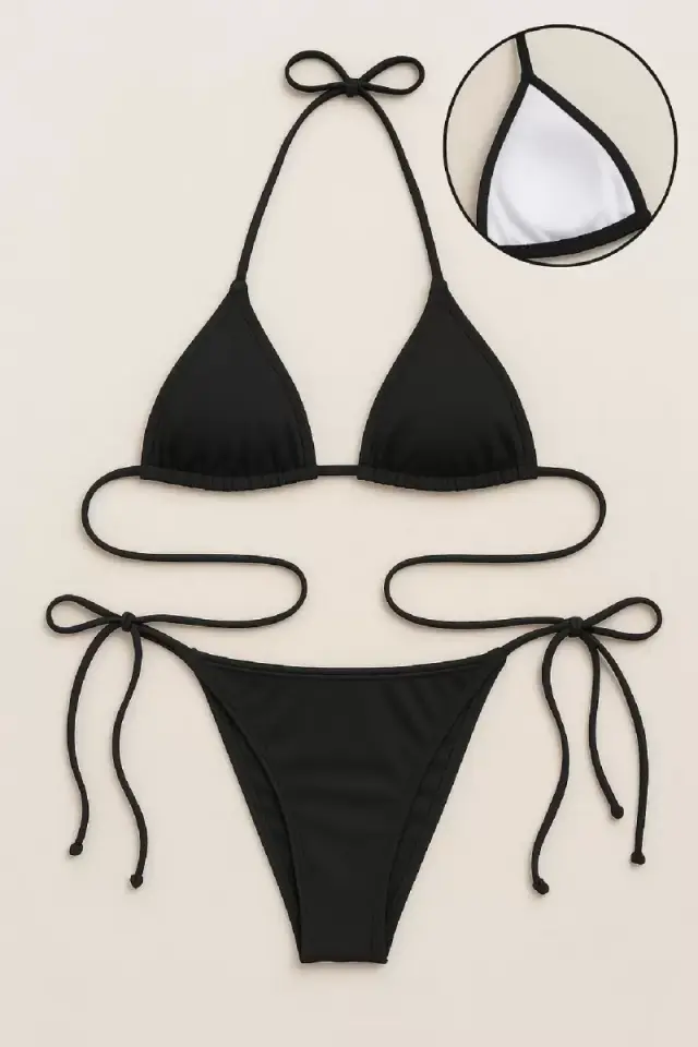 Kadın Siyah Bikini Mayo Takımı Yandan Ve Boyundan Bağlamalı Şık Plaj Ve Havuz Seti