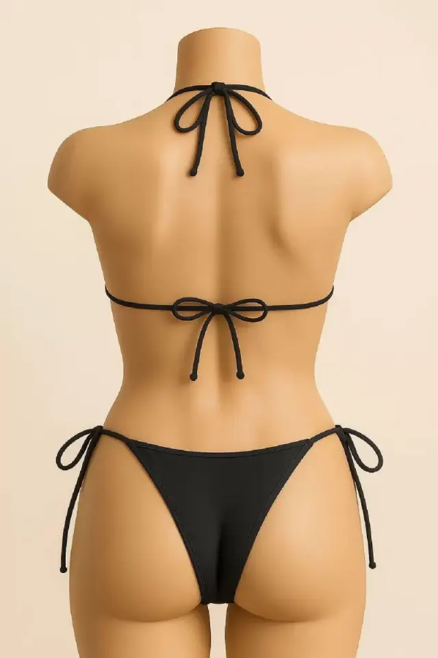 Kadın Siyah Bikini Mayo Takımı Yandan Ve Boyundan Bağlamalı Şık Plaj Ve Havuz Seti
