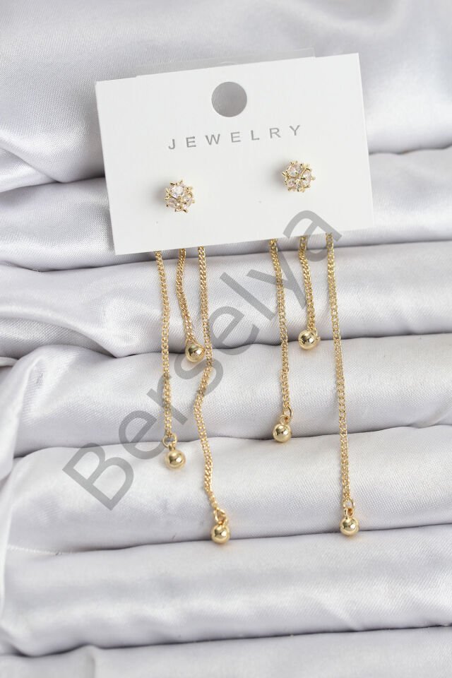 Topçuk Model Gold Renk Pirinç Sallantılı Kadın Küpe Seti