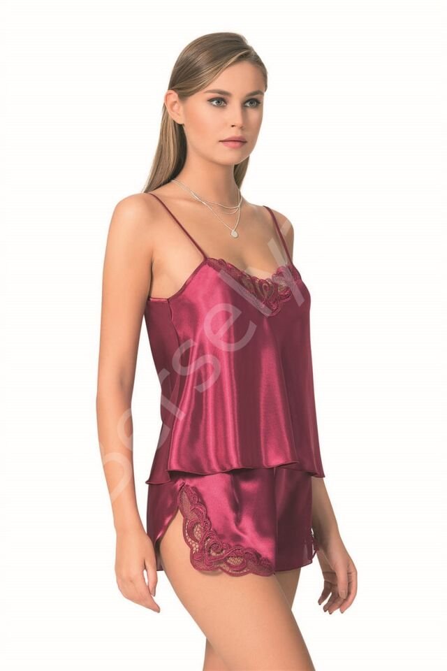 Bordo Saten Babydoll Şort Takımı