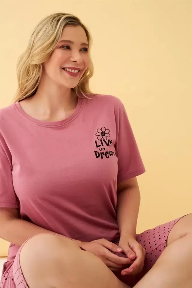Kadın Somon “live The Dream” Yazılı Büyük Beden Kapri Pijama Takımı