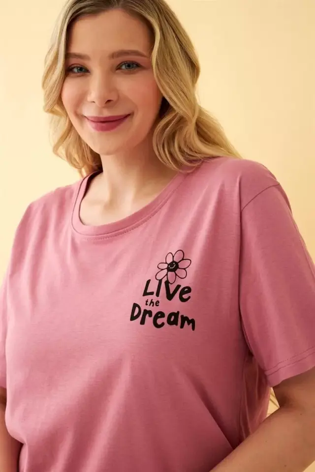 Kadın Somon “live The Dream” Yazılı Büyük Beden Kapri Pijama Takımı