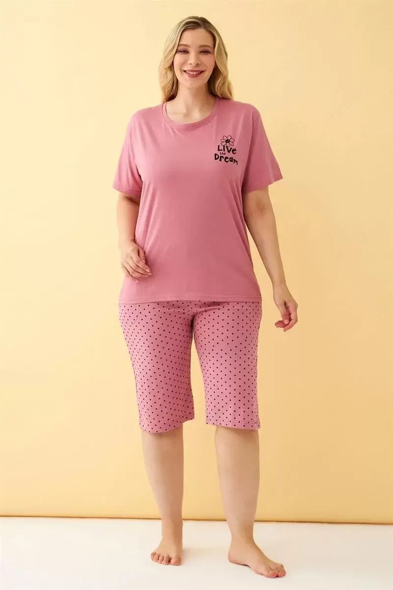 Kadın Somon “live The Dream” Yazılı Büyük Beden Kapri Pijama Takımı
