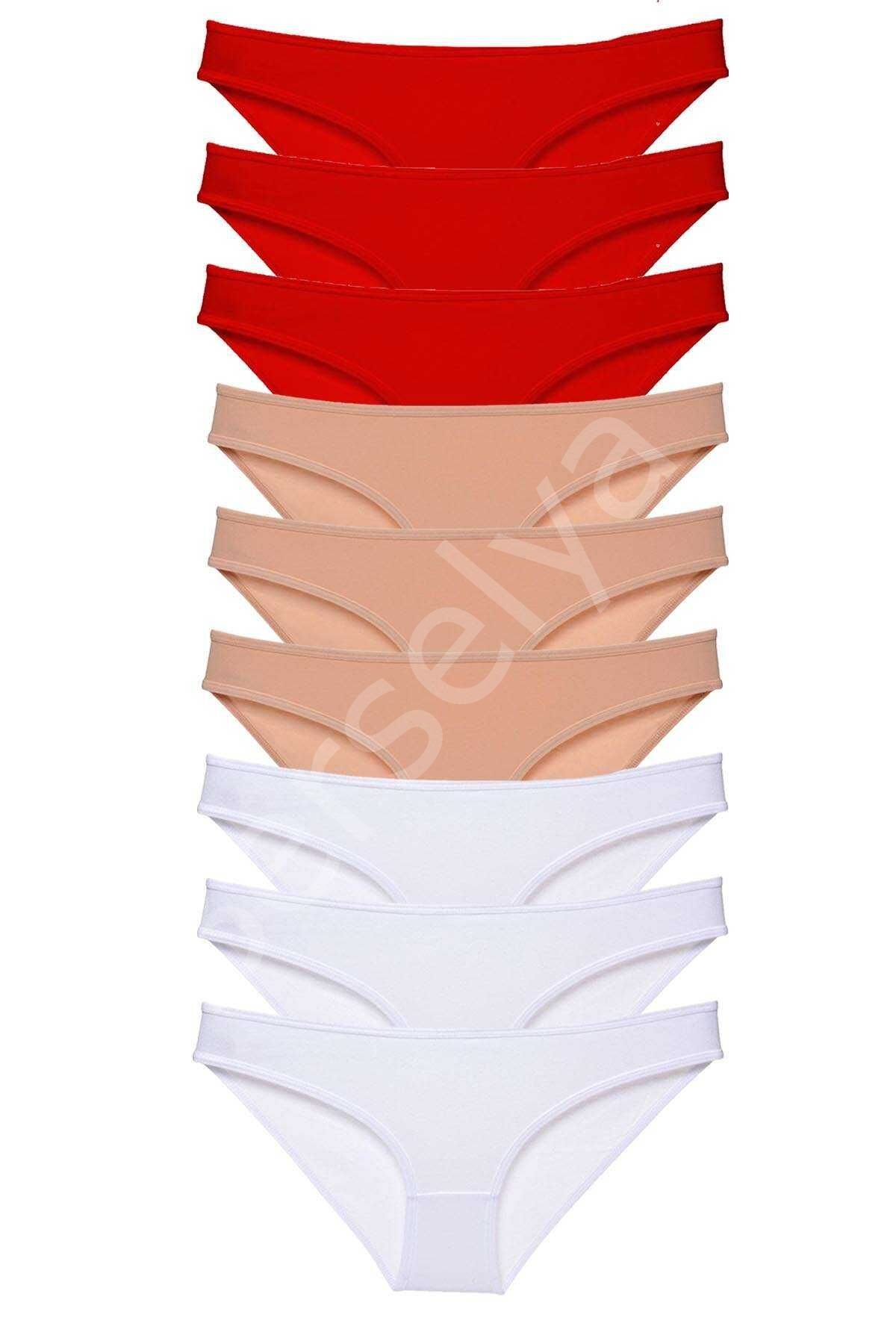 9 adet Süper Eko Set Likralı Kadın Slip Külot Kırmızı Ten Beyaz