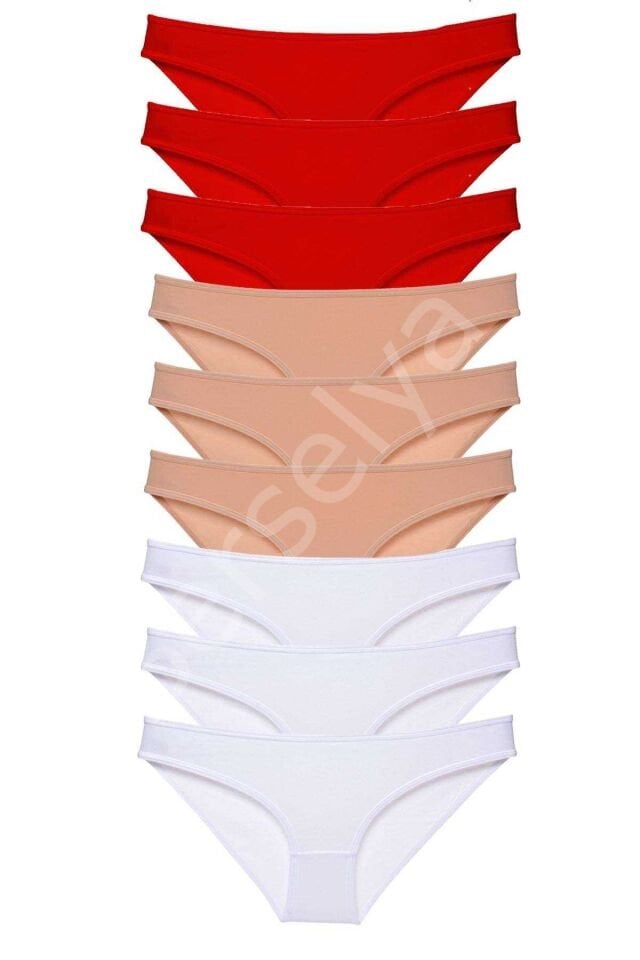 9 adet Süper Eko Set Likralı Kadın Slip Külot Kırmızı Ten Beyaz