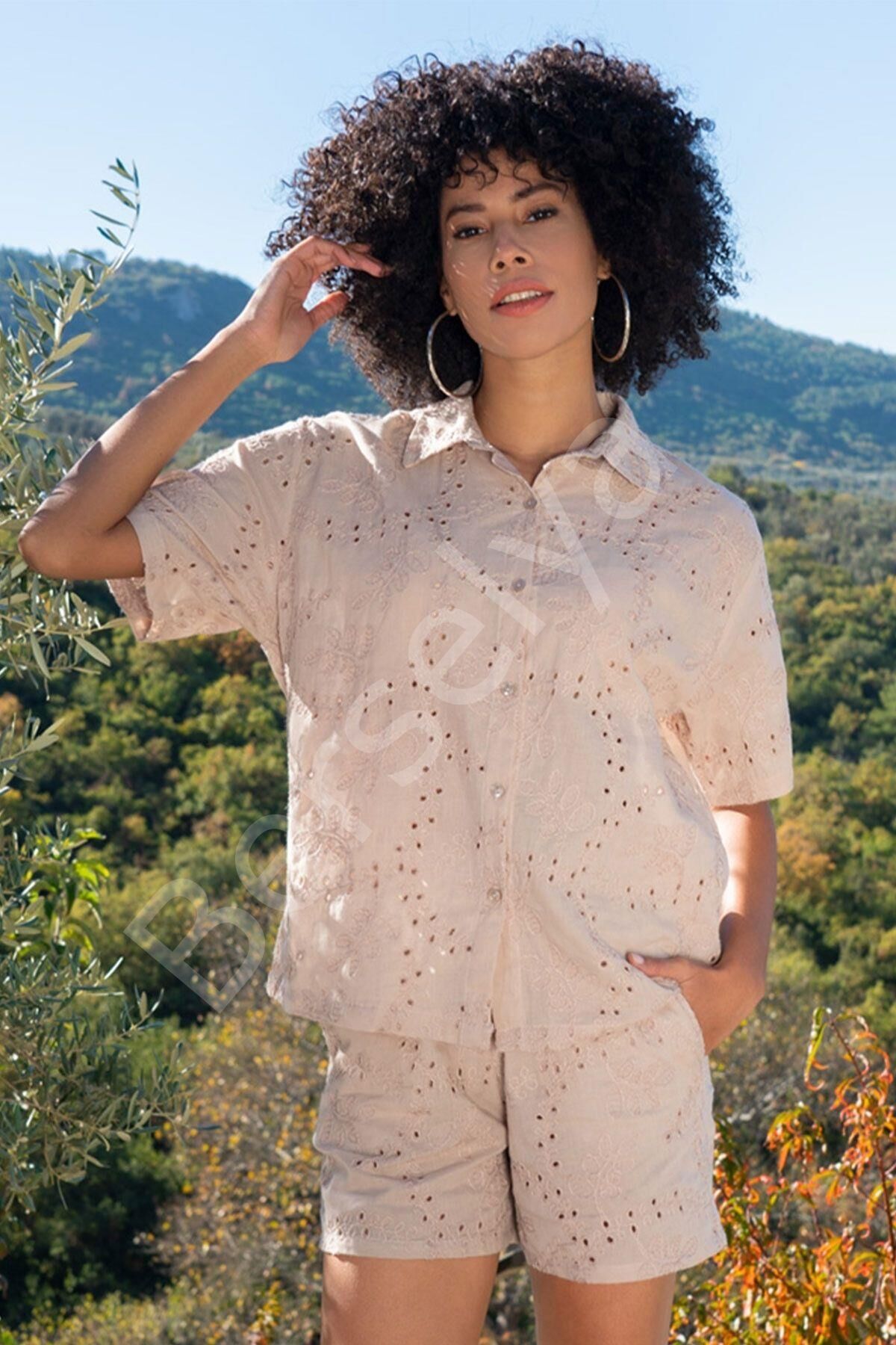 Kordone Nakışlı Kısa Kol Gömlek Kadın 410065