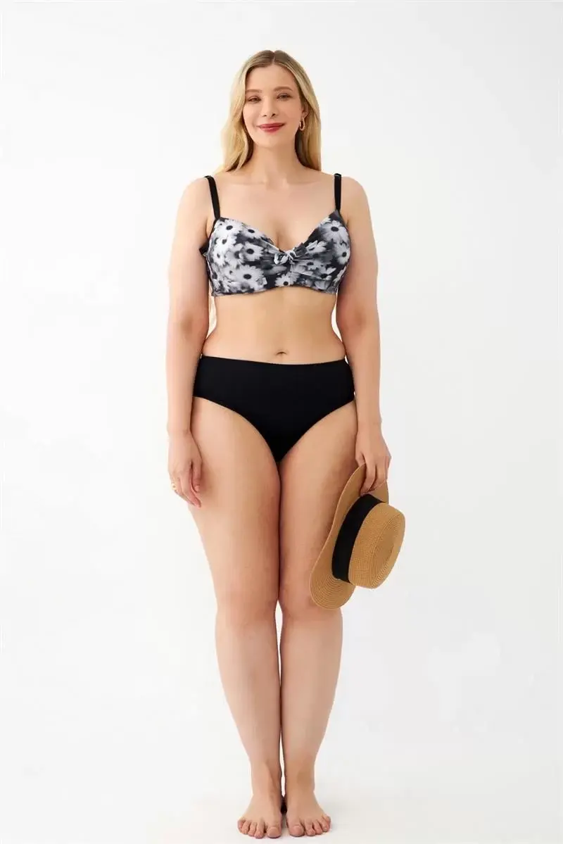 Kadın Papatya Desenli Gri Büyük Beden Bikini Takımı
