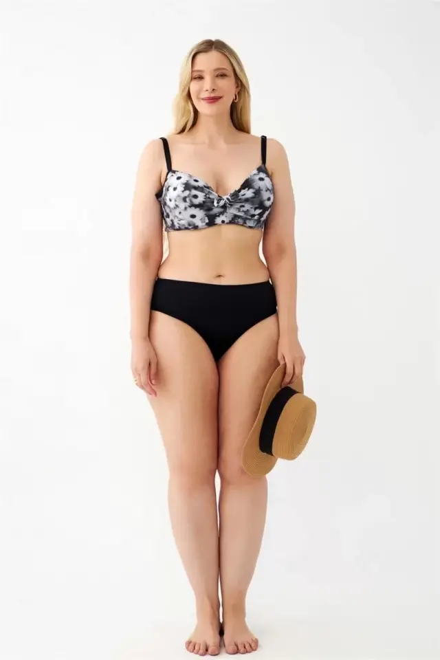 Kadın Papatya Desenli Gri Büyük Beden Bikini Takımı