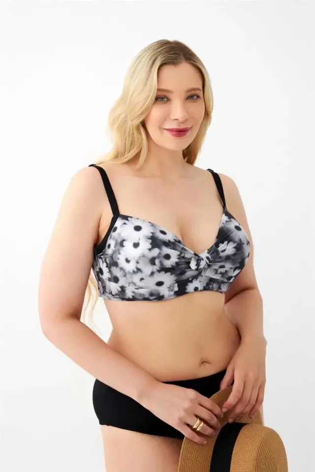 Kadın Papatya Desenli Gri Büyük Beden Bikini Takımı