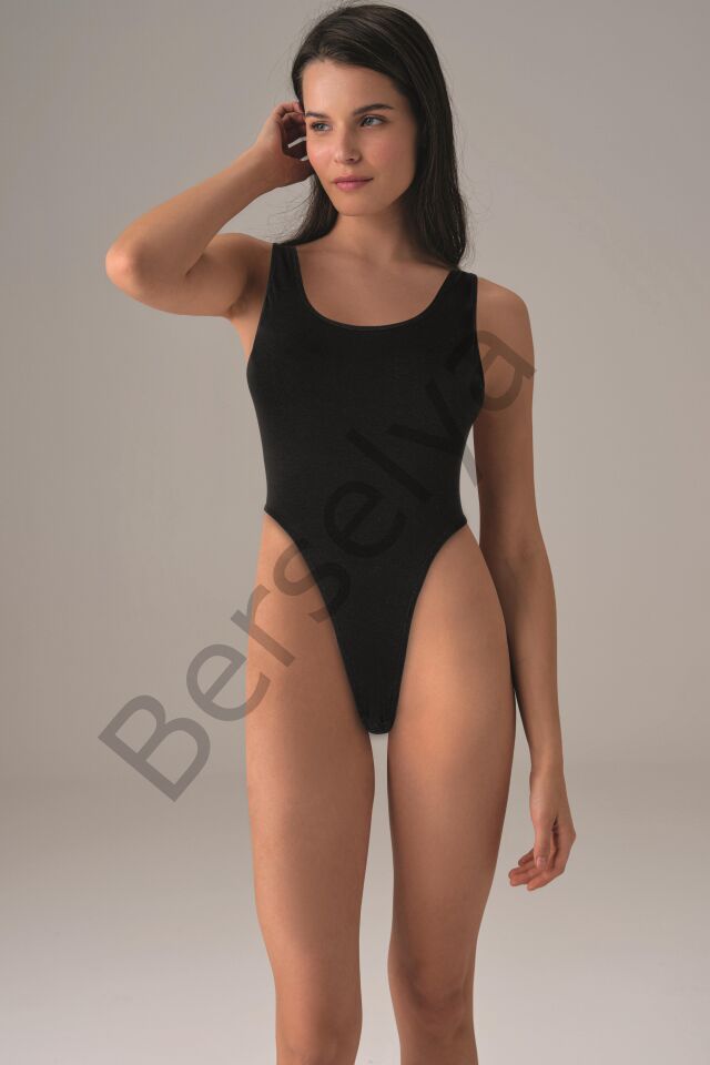 Kadın Siyah Derin Sırt Dekolte Askılı String Body 12134