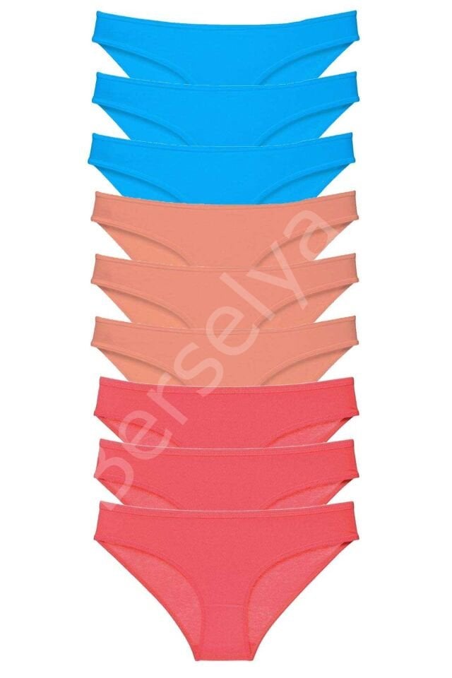 9 Adet Süper Eko Set Likralı Kadın Slip Külot Pudra Fuşya Mavi