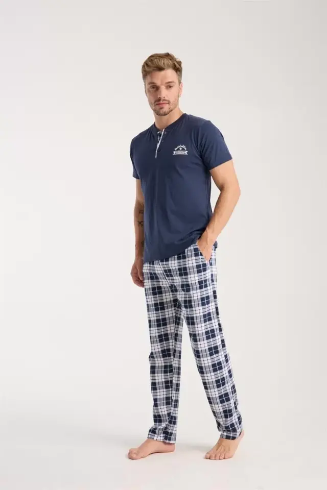 Erkek Lacivert Düğmeli Yaka Kısa Kol Pijama Takımı