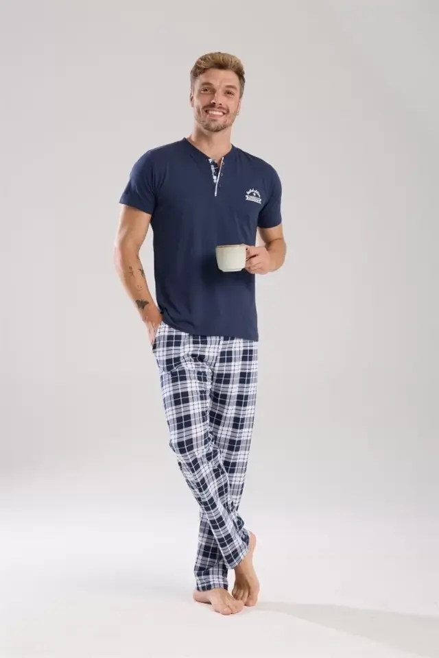Erkek Lacivert Düğmeli Yaka Kısa Kol Pijama Takımı