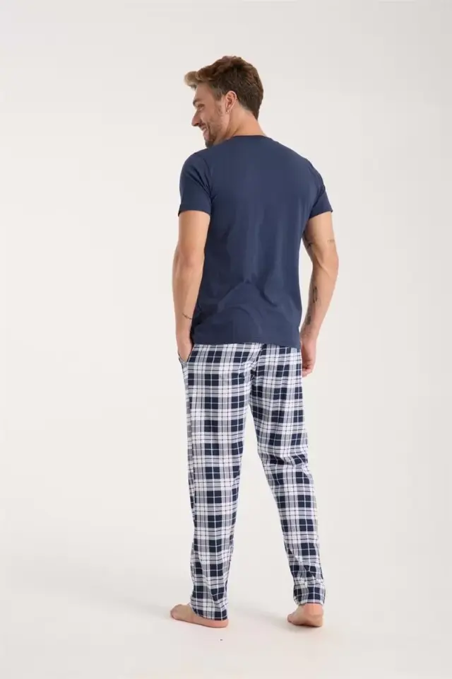 Erkek Lacivert Düğmeli Yaka Kısa Kol Pijama Takımı