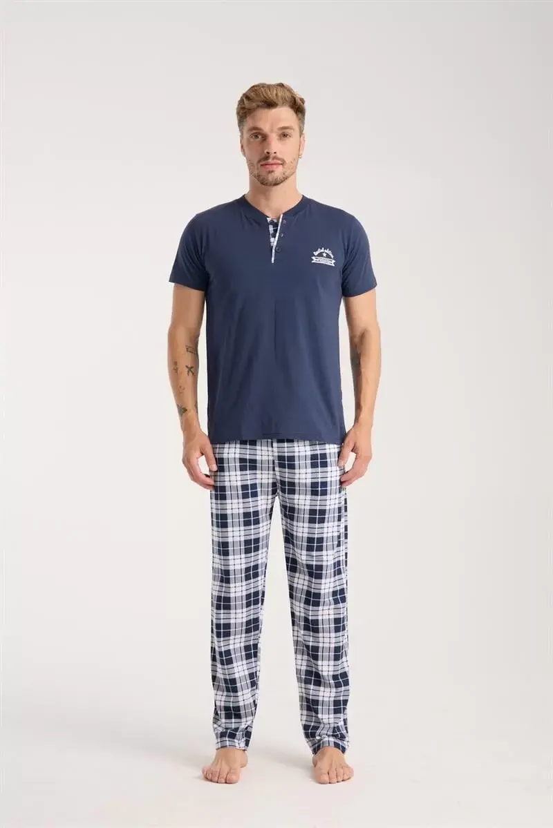 Erkek Lacivert Düğmeli Yaka Kısa Kol Pijama Takımı