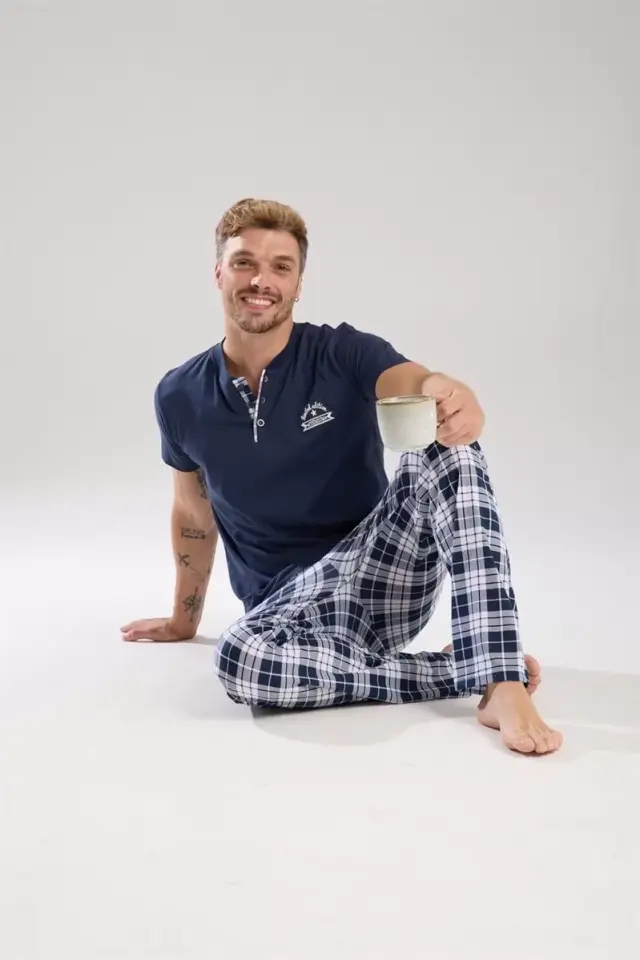 Erkek Lacivert Düğmeli Yaka Kısa Kol Pijama Takımı