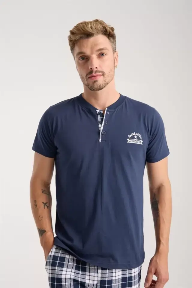 Erkek Lacivert Düğmeli Yaka Kısa Kol Pijama Takımı