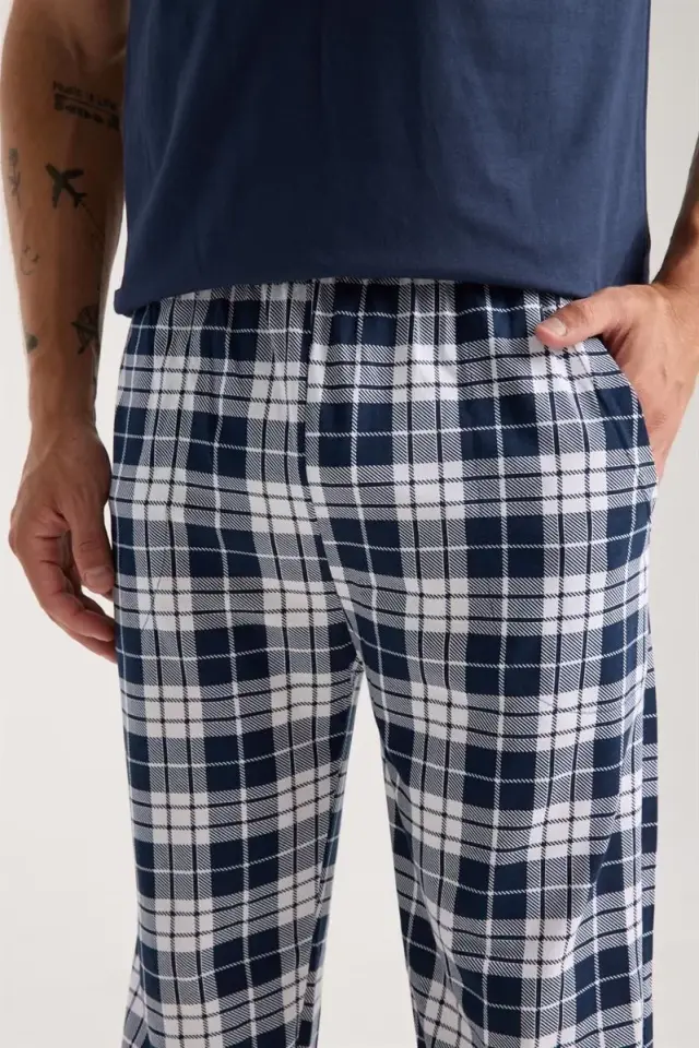 Erkek Lacivert Düğmeli Yaka Kısa Kol Pijama Takımı