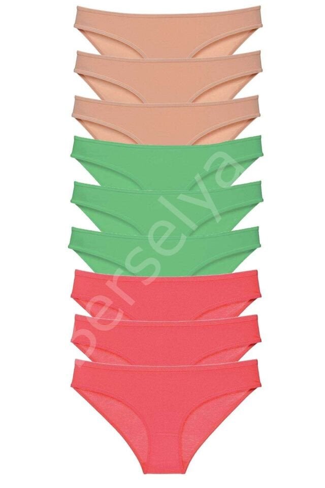 9 adet Süper Eko Set Likralı Kadın Slip Külot Ten Yeşil Fuşya
