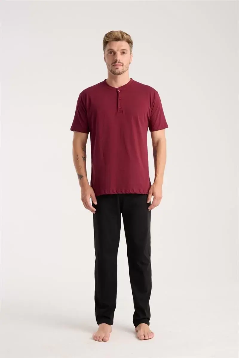 Erkek Bordo Düğmeli Yaka Kısa Kol Pijama Takımı