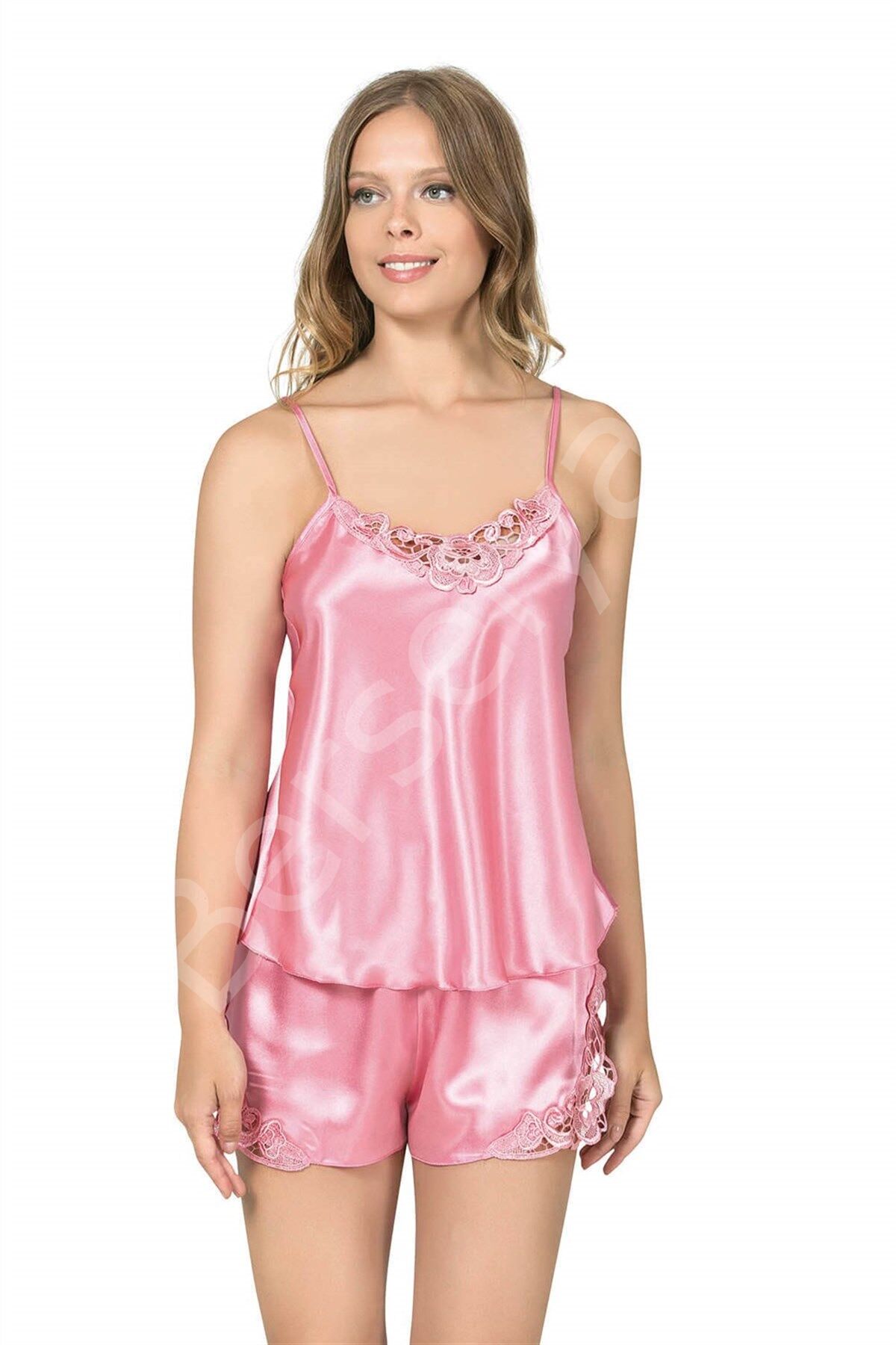 Koyu Pembe saten Babydoll Şort Takım