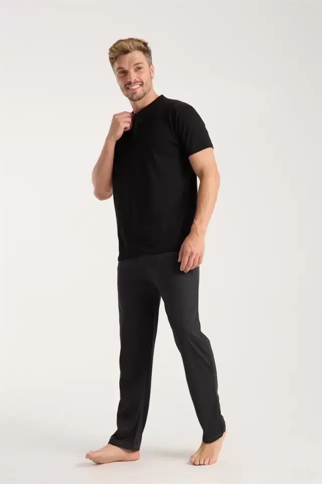 Erkek Füme Düğmeli Yaka Kısa Kol Pijama Takımı