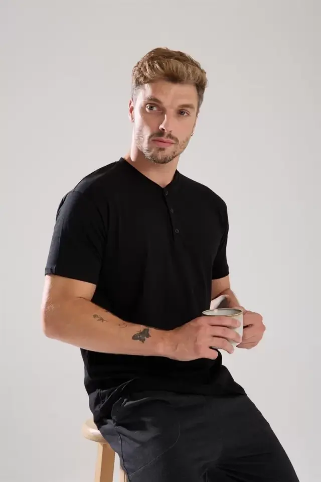Erkek Füme Düğmeli Yaka Kısa Kol Pijama Takımı