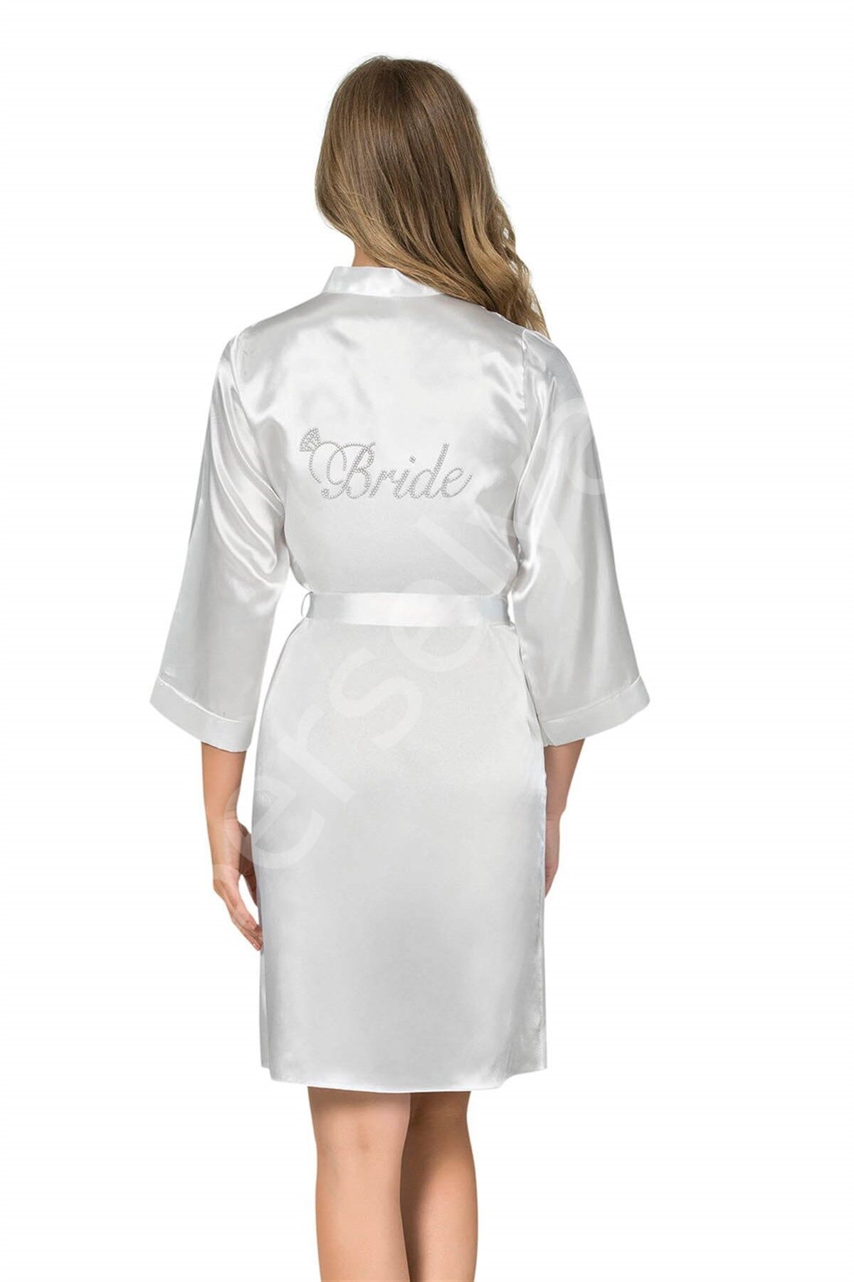 Beyaz Kısa Saten Bride Sabahlık