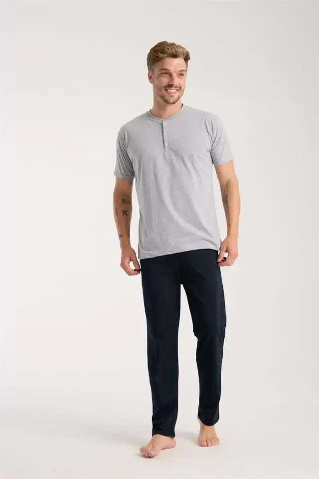 Erkek Gri Düğmeli Yaka Kısa Kol Pijama Takımı