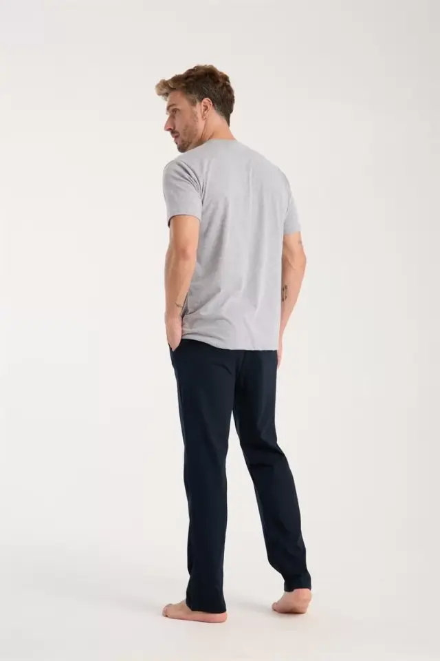 Erkek Gri Düğmeli Yaka Kısa Kol Pijama Takımı