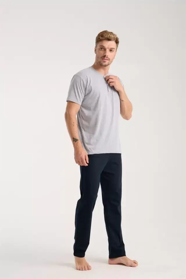 Erkek Gri Düğmeli Yaka Kısa Kol Pijama Takımı