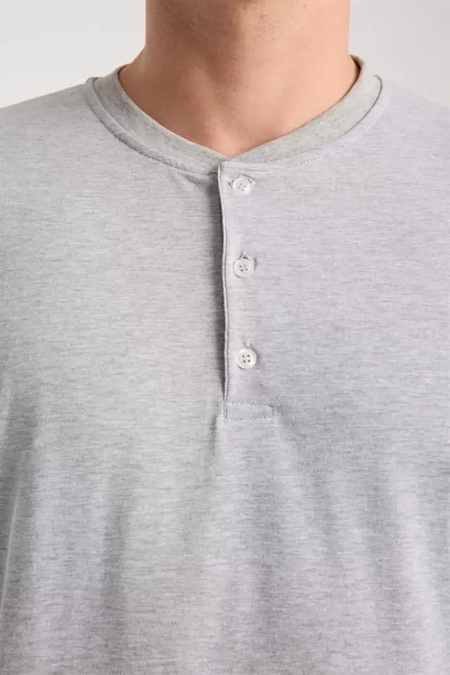 Erkek Gri Düğmeli Yaka Kısa Kol Pijama Takımı