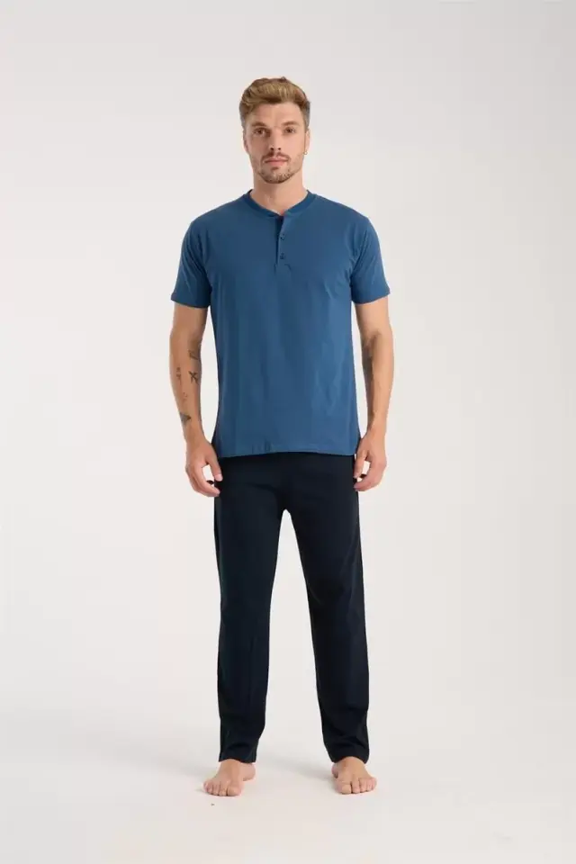 Erkek İndigo Düğmeli Yaka Kısa Kol Pijama Takımı