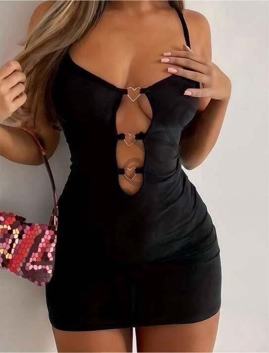 Siyah Göğüs Dekolteli Kalp Detaylı Mini Club Elbisesi
