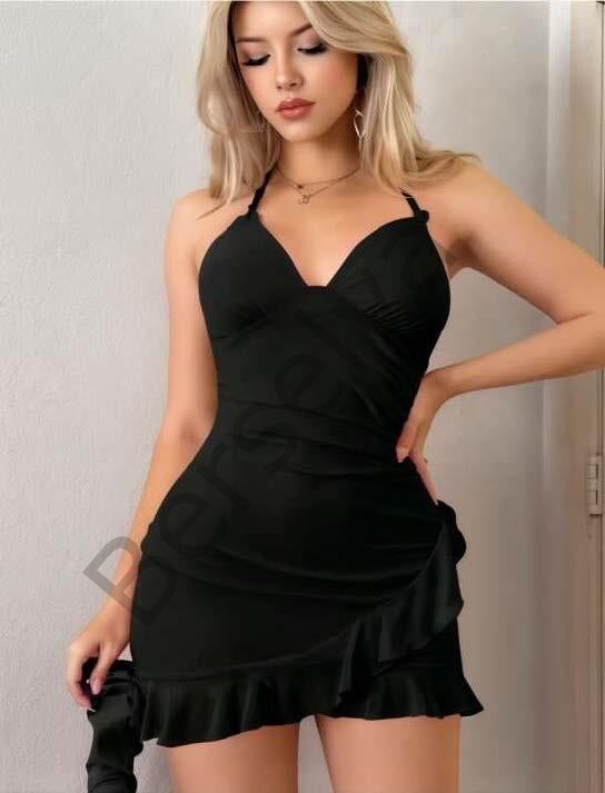 Siyah Boyundan Bağlamalı Fırfırlı Fantezi Mini Club Elbisesi