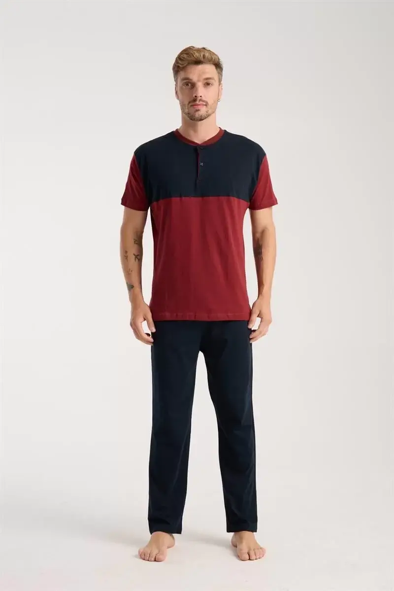 Erkek Bordo Düğmeli Yaka Kısa Kol Pijama Takımı