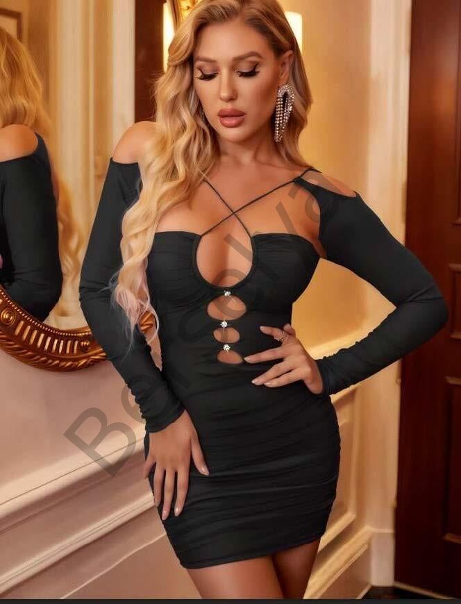 Siyah Göğüs Dekolteli İp Detaylı Mini Club Elbisesi