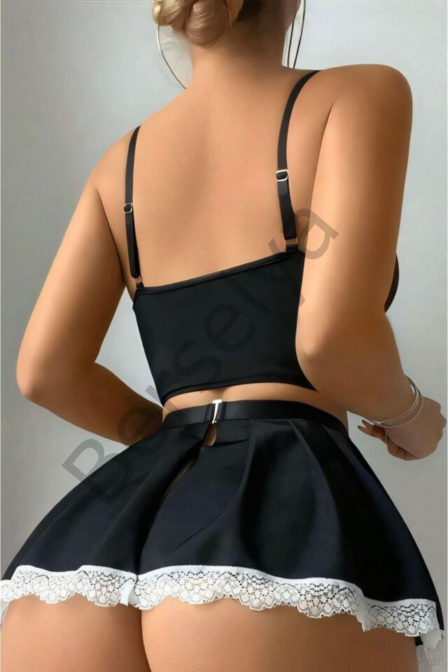 Siyah Beyaz Bacak Aksesuarlı Büstiyerli Fantezi Hizmetçi Kostümü