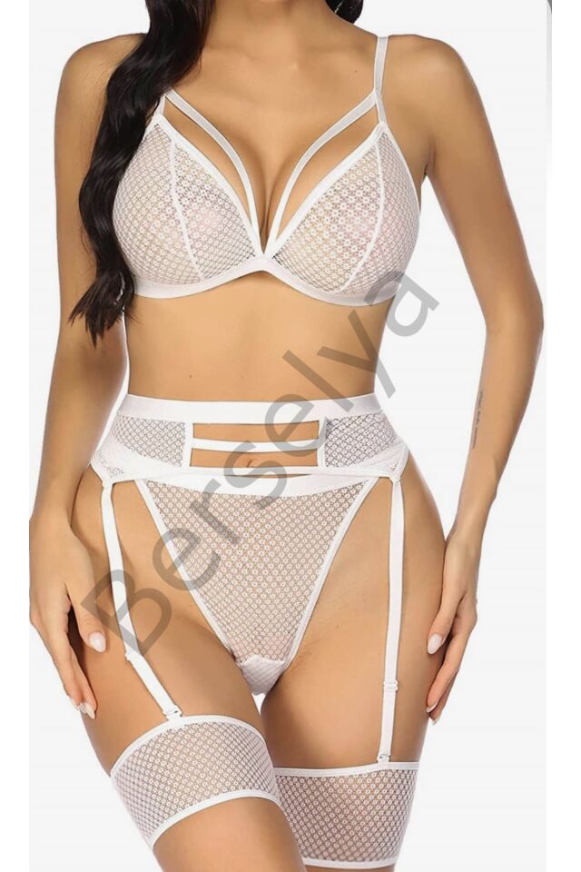 Beyaz Fantezi File Jartiyer Takım - 1038