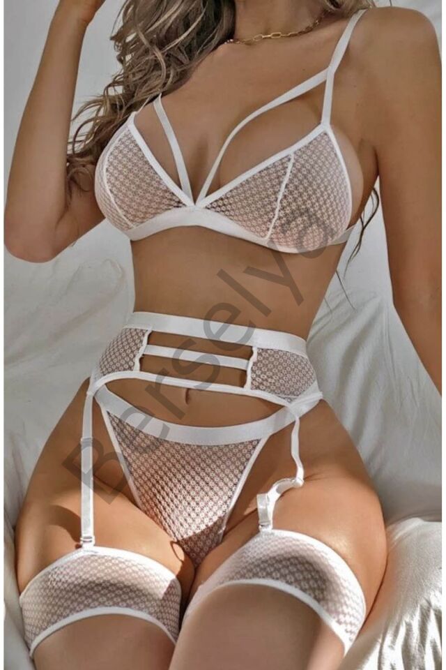 Beyaz Fantezi File Jartiyer Takım - 1038