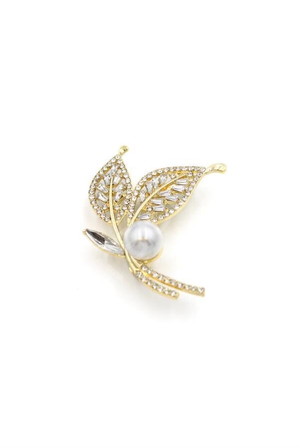 İncili Yaprak Broş - Altın