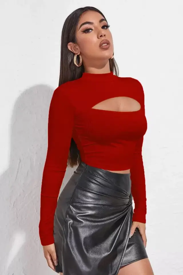 Kadın Kırmızı Uzun Kollu Dekolteli Modern Cut-out Crop Bluz